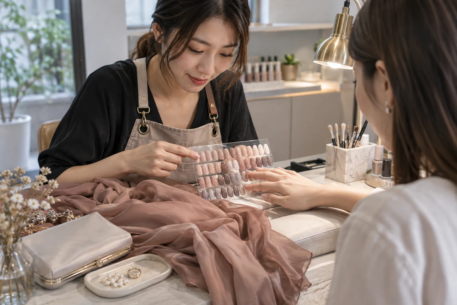 婚禮賓客造型前比較凝膠甲色色束與服裝布料