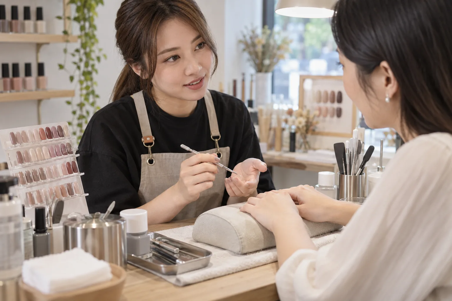 美甲師與顧客討論凝膠卸除後的指甲狀態